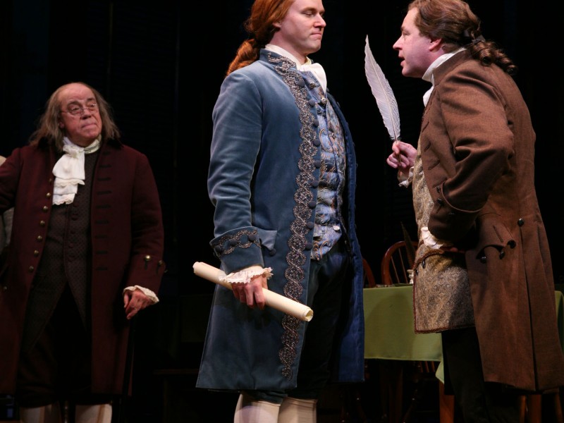 1776 at Paper Mill Playhouse, Photo by Gerry Goodstein, Conrad John Schuck (Benjamin Franklin), Kevin Earley (Thomas Jefferson), and Don Stephenson (John Adams).