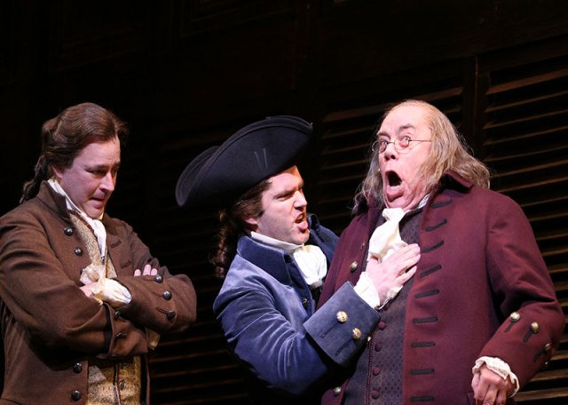 1776 at Paper Mill Playhouse, Photo by Gerry Goodstein, Don Stephenson (John Adams), Aaron Ramey (Richard Henry Lee), Conrad John Schuck (Benjamin Franklin).