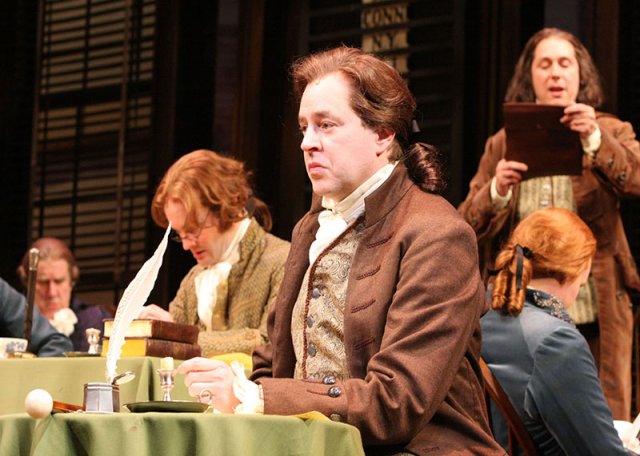 1776 at Paper Mill Playhouse, Photo by Gerry Goodstein, Jamie LaVerdiere (James Wilson), Don Stephenson (John Adams), and Kevin Pariseau (Charles Thomson).