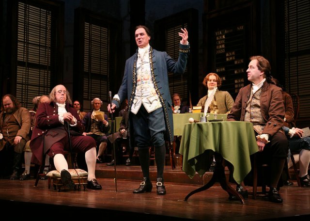 1776 at Paper Mill Playhouse, Photo by Gerry Goodstein, Conrad John Schuck (Benjamin Franklin), Robert Cuccioli (John Dickinson), Jamie LaVerdiere (James Wilson), Don Stephenson (John Adams) and the Cast.