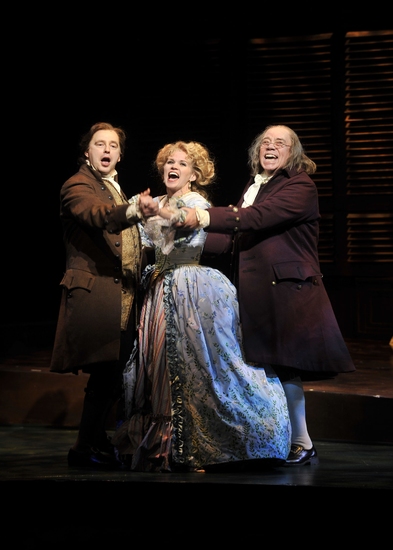 1776 at Paper Mill Playhouse, Photo by Kevin Sprague, Don Stephenson (John Adams), Lauren Kennedy (Martha Jefferson), and Conrad John Schuck (Benjamin Franklin).